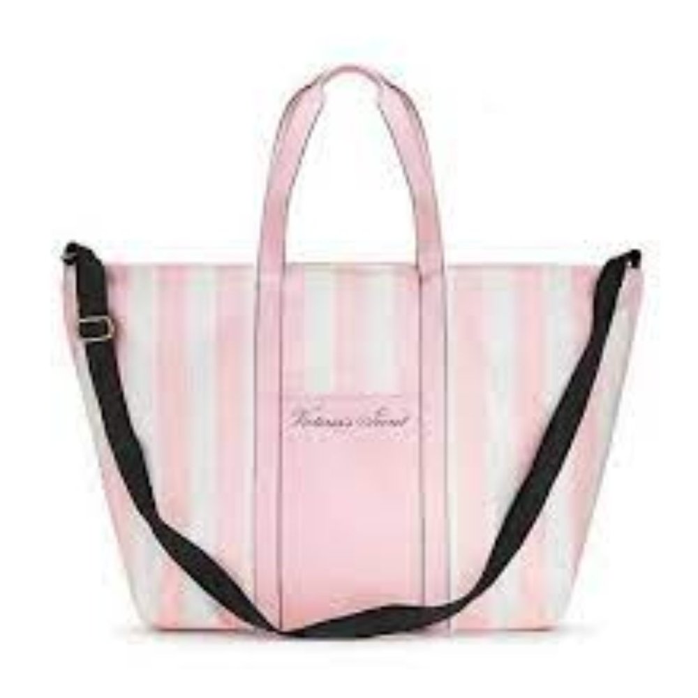 NWT Victorias Secret Women's Weekender Tote Bag Pink Stripe Canvas with Leather
